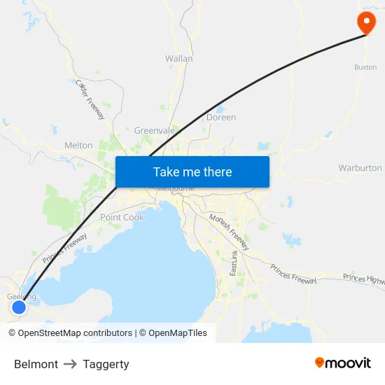 Belmont to Taggerty map