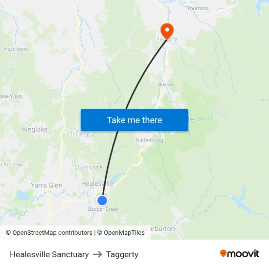 Healesville Sanctuary to Taggerty map