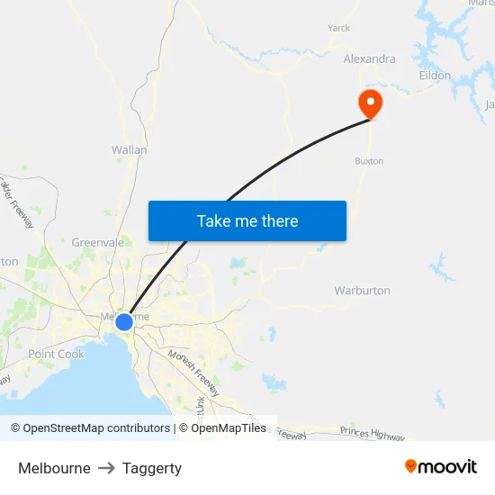 Melbourne to Taggerty map