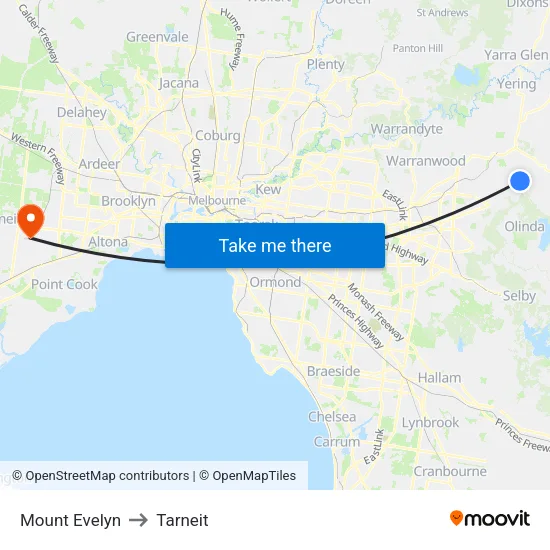Mount Evelyn to Tarneit map