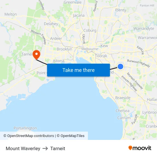 Mount Waverley to Tarneit map