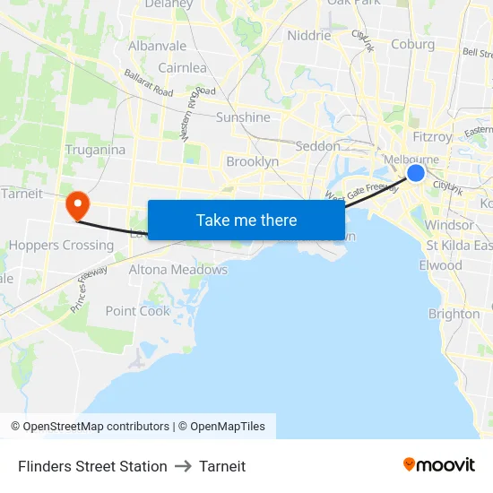Flinders Street Station to Tarneit map