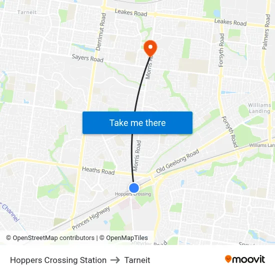 Hoppers Crossing Station to Tarneit map