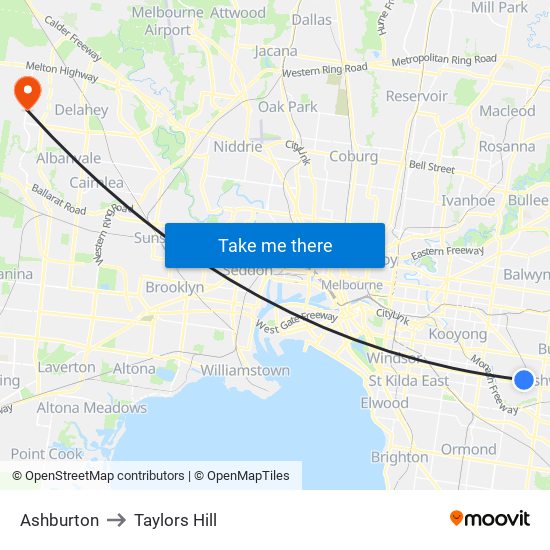 Ashburton to Taylors Hill map