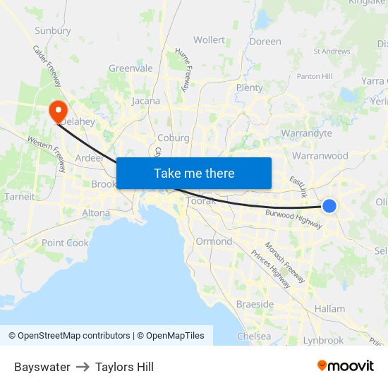 Bayswater to Taylors Hill map