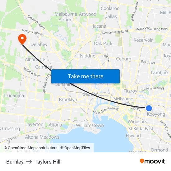 Burnley to Taylors Hill map