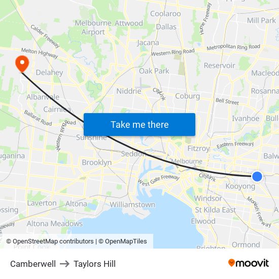 Camberwell to Taylors Hill map