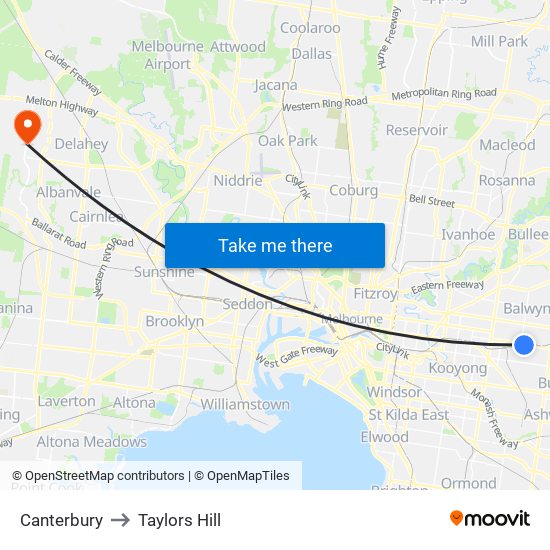 Canterbury to Taylors Hill map