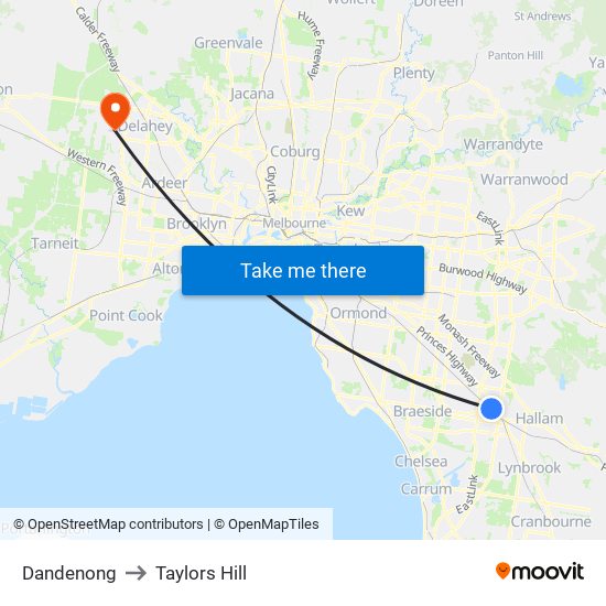 Dandenong to Taylors Hill map