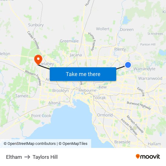 Eltham to Taylors Hill map