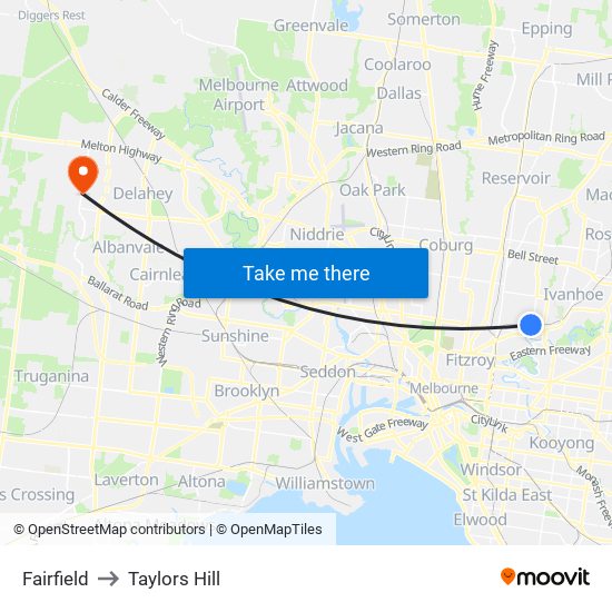 Fairfield to Taylors Hill map