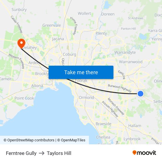 Ferntree Gully to Taylors Hill map