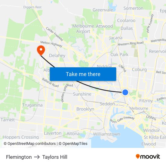 Flemington to Taylors Hill map