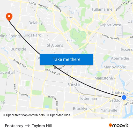 Footscray to Taylors Hill map