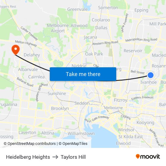 Heidelberg Heights to Taylors Hill map