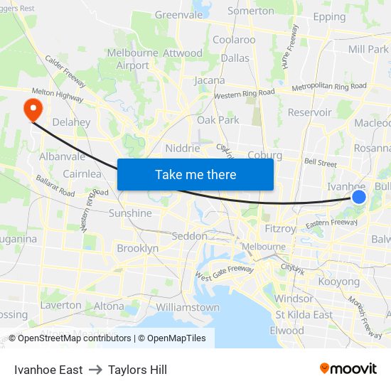 Ivanhoe East to Taylors Hill map