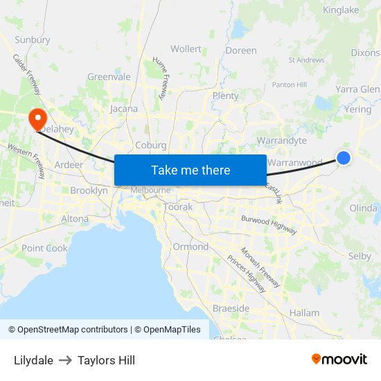 Lilydale to Taylors Hill map