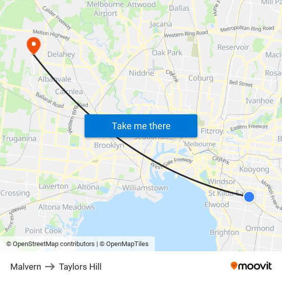 Malvern to Taylors Hill map