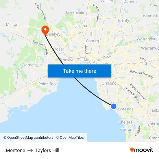 Mentone to Taylors Hill map