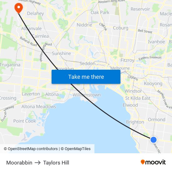 Moorabbin to Taylors Hill map