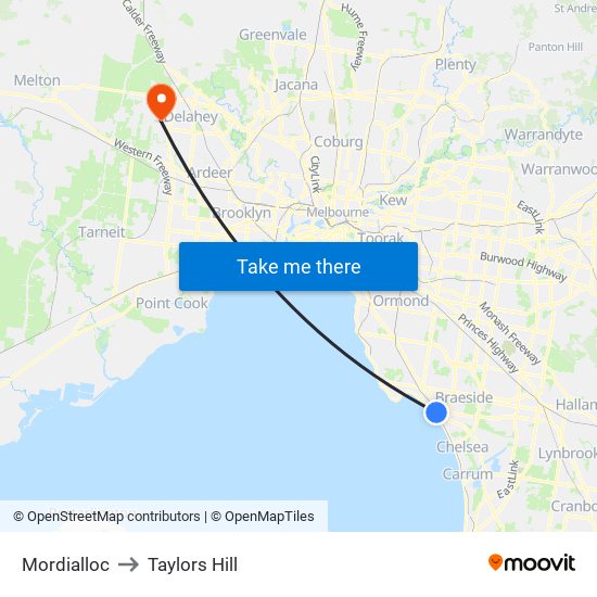 Mordialloc to Taylors Hill map