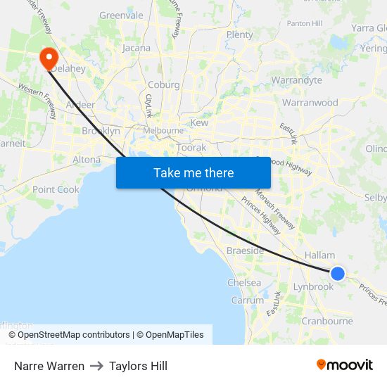 Narre Warren to Taylors Hill map