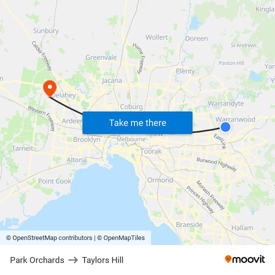 Park Orchards to Taylors Hill map