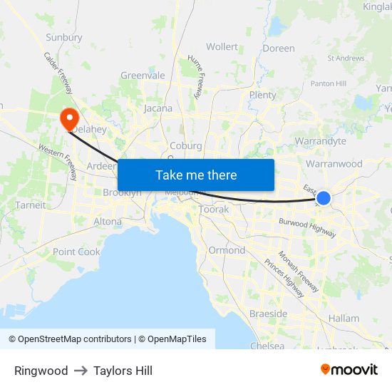 Ringwood to Taylors Hill map