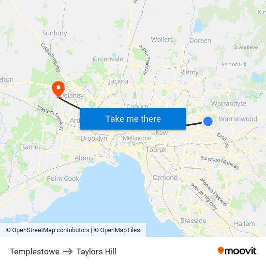 Templestowe to Taylors Hill map