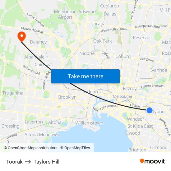 Toorak to Taylors Hill map