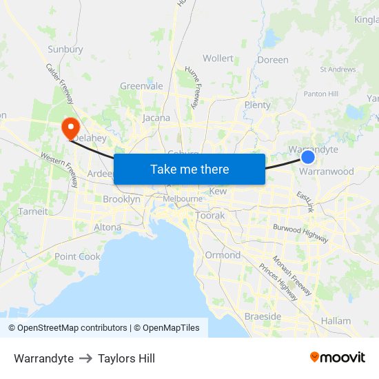 Warrandyte to Taylors Hill map