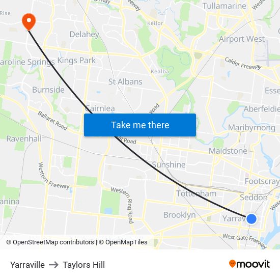 Yarraville to Taylors Hill map