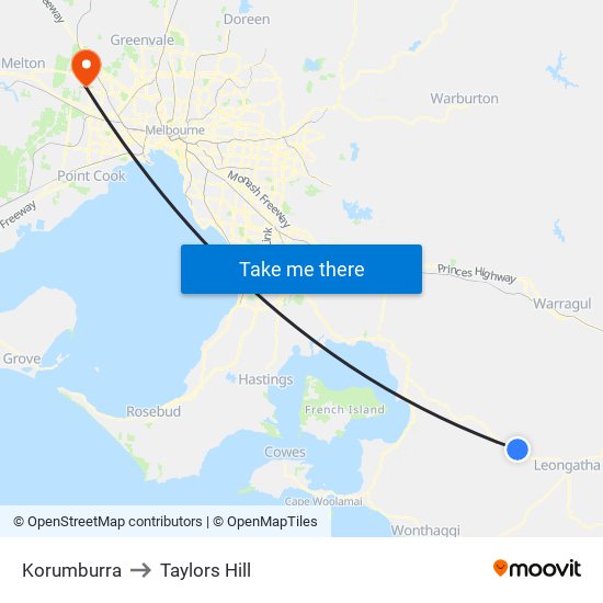 Korumburra to Taylors Hill map