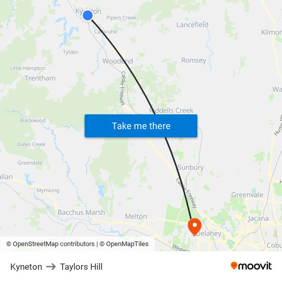 Kyneton to Taylors Hill map