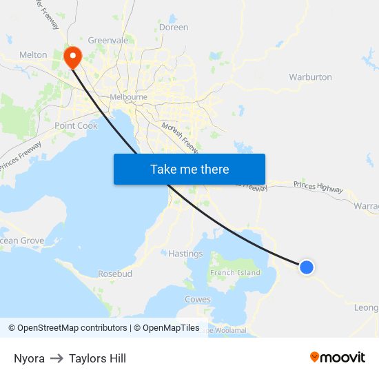 Nyora to Taylors Hill map