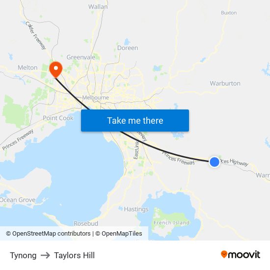 Tynong to Taylors Hill map