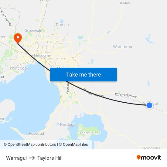 Warragul to Taylors Hill map