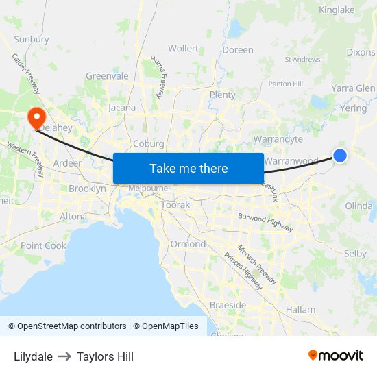 Lilydale to Taylors Hill map