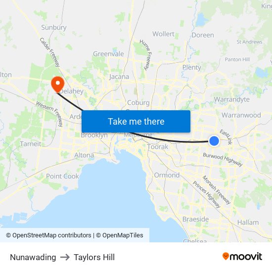 Nunawading to Taylors Hill map