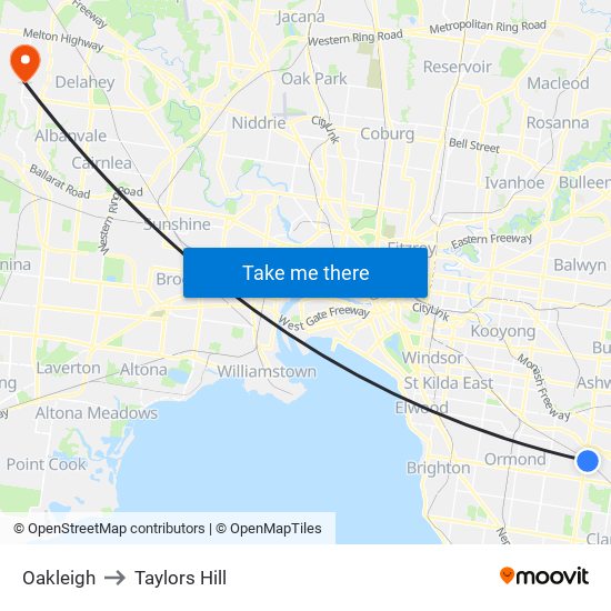 Oakleigh to Taylors Hill map