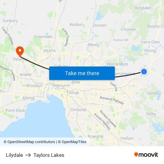 Lilydale to Taylors Lakes map