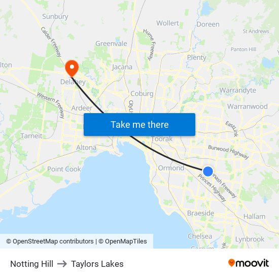 Notting Hill to Taylors Lakes map