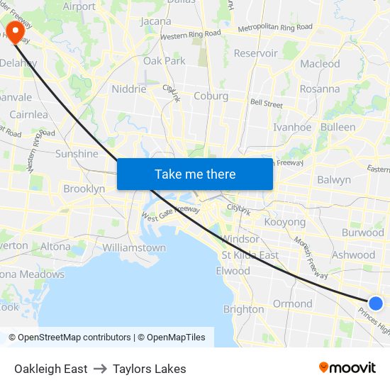 Oakleigh East to Taylors Lakes map