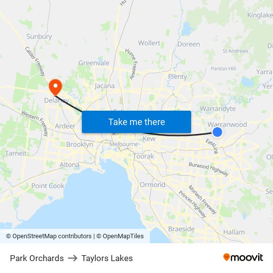 Park Orchards to Taylors Lakes map