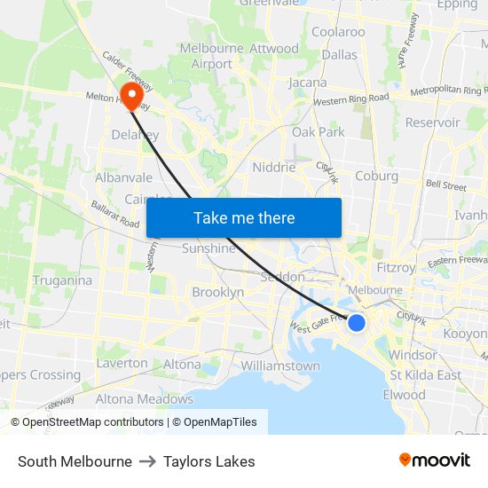 South Melbourne to Taylors Lakes map