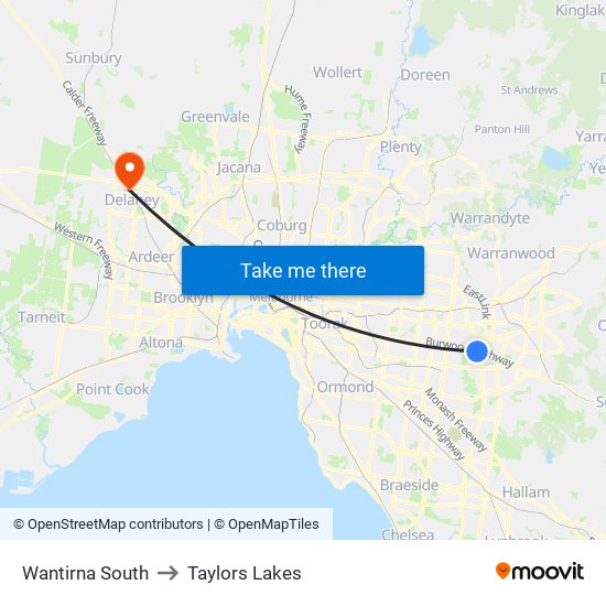 Wantirna South to Taylors Lakes map