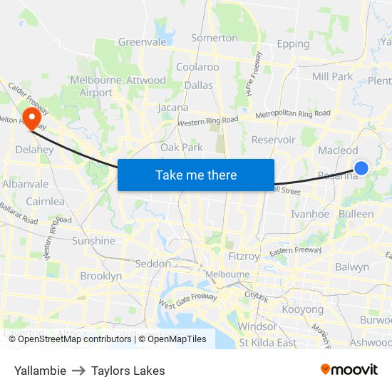 Yallambie to Taylors Lakes map