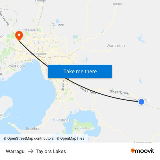 Warragul to Taylors Lakes map