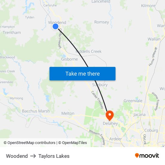 Woodend to Taylors Lakes map