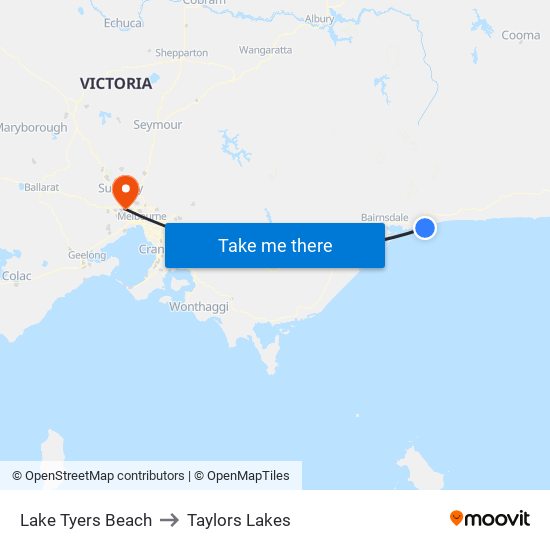 Lake Tyers Beach to Taylors Lakes map